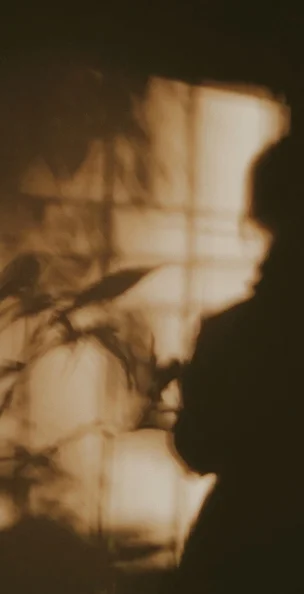 The shadow of a woman and a window falling across a warm wall
