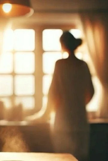 A woman standing at a sunlit window in a warm room
